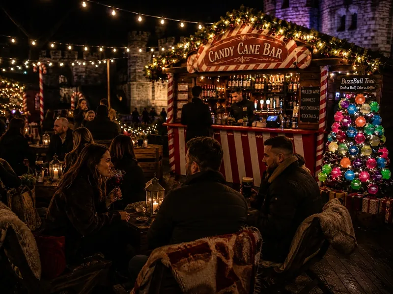 Guests enjoying drinks and festive lights at the Candy Cane Bar in the evening